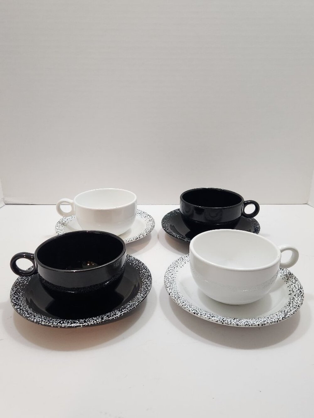 Vintage Pagnossin Italy Black White Speckled Cappuccino Coffee Cup Saucer Set 4